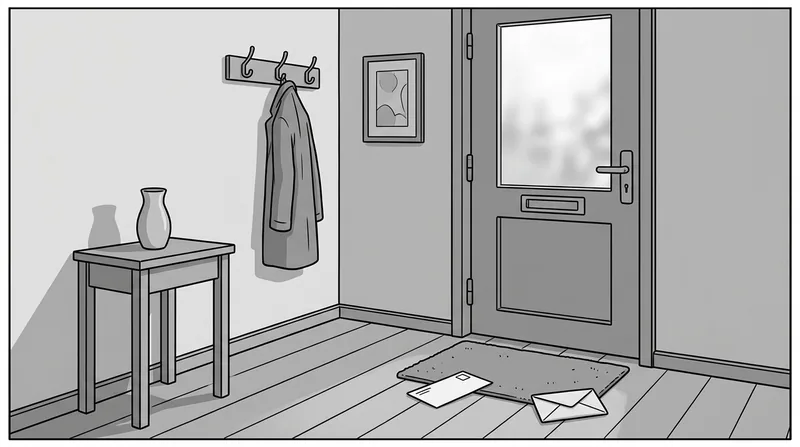 Illustratie van een lege gang bij een voordeur met onbezorgde post op de mat